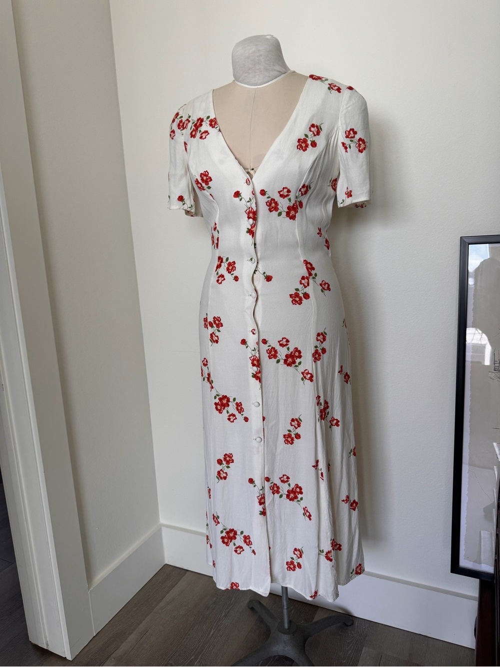 Reformation Cream Midi Dress with Red Floral Print - Picture 4 of 7
